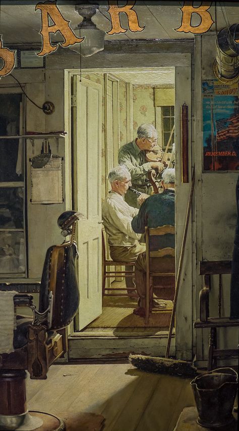 "Shuffleton's Barbershop" - by Norman Rockwell, 1950. (close-up)  Photographed at Sotheby's, November 3, 2017. Norman Rockwell Art, Pastel Photography, Fish Gallery, Rockwell Paintings, Norman Rockwell Paintings, Barbershop Design, November 3, Painting Gallery, Norman Rockwell