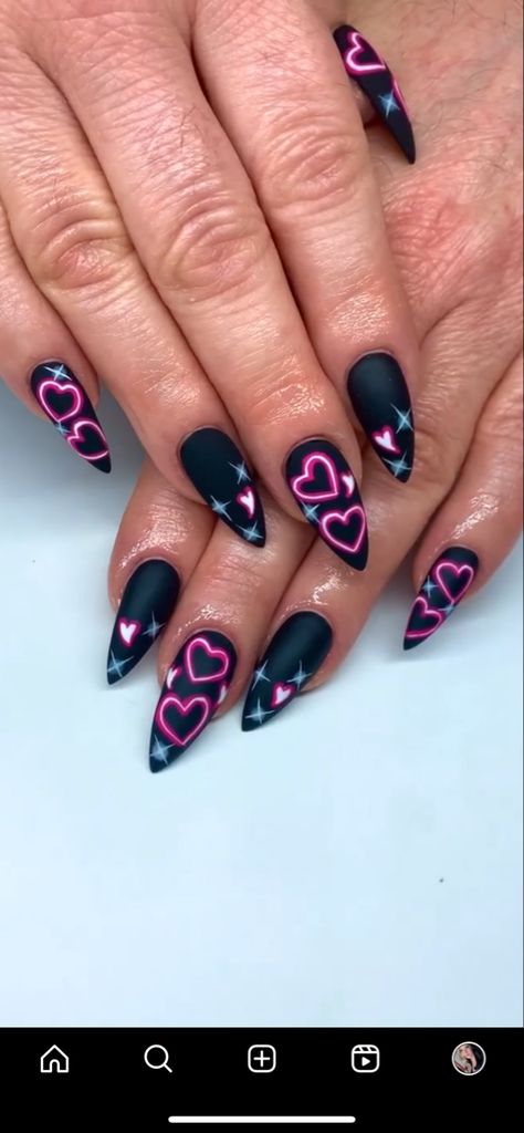 Gothic Pink Nails, Pink Witchy Nails, Black And Pink Almond Nails, Black Neon Nails, Gothic Almond Nails, Witchy Nails Almond, Pastel Goth Nails, Casket Nails, Wet Flowers