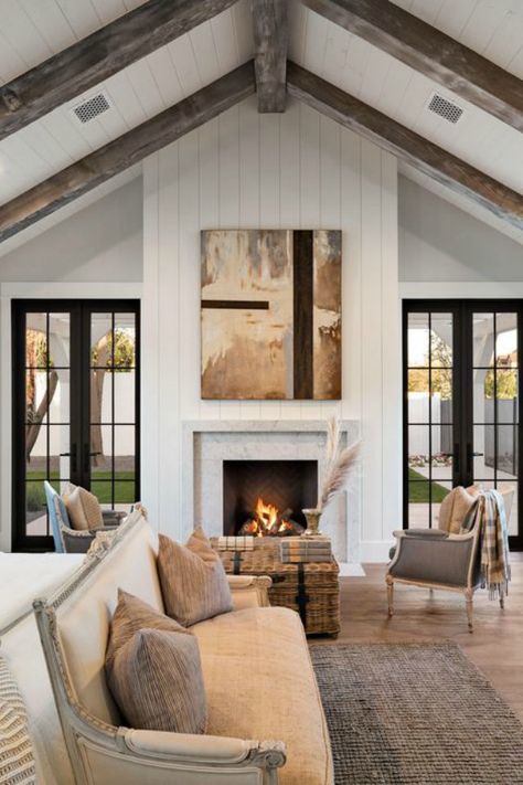 Modern farmhouse bedroom with fireplace, shiplap, and black painted French doors. Interior design by Jaimee Rose Interiors. #bedroomdesign #modernfarmhouse #interiordesign Black White Modern Farmhouse, White Modern Farmhouse, Modern Farmhouse Bedroom, Farmhouse Interior Design, Bedroom Fireplace, Tudor Style, Hello Lovely, Hus Inspiration, Farmhouse Interior