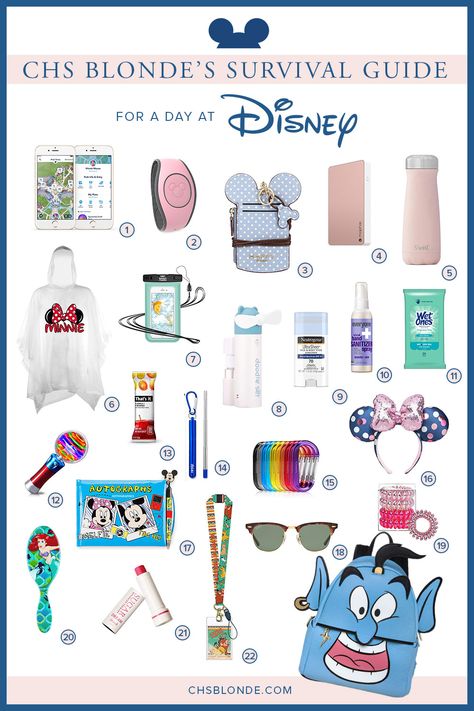 Ultimate Disney Survival Kit | Charleston Blonde | Everything you need for a day at a Disney Park | What to Pack for Disney Day Bag | Disney Backpack Packing List | Disney Essentials and Accessories #charlestonblogger #disneyguide #disneypackingguide #disney #disneyhacks Disneyland Travel Kit, Universal Bag Essentials, What To Pack In Disney Backpack, Disney Day Pack List, Wdw Packing List, Disney Park Bag Packing Lists, Disney Day Bag Packing Lists, Disneyland Paris Essentials, Disney World Park Bag Packing Lists