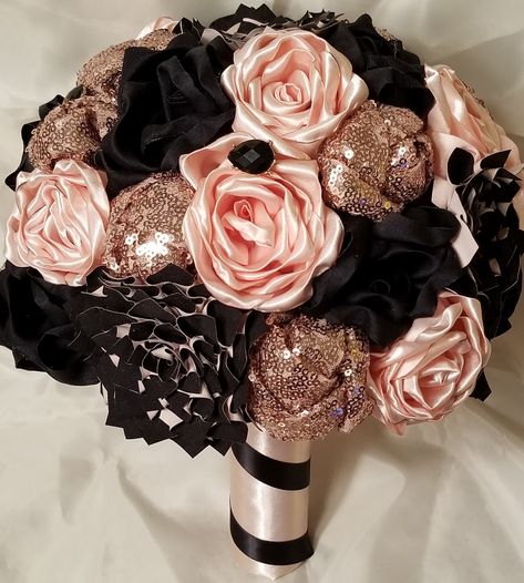 Black, Blush, and Rosegold bouquet Blush And Black Bouquet, Black Gold And Rose Gold Party Decor, Blush Black Gold Wedding, Rose Gold White And Black Wedding, Rose Gold And Black Flower Arrangements, Rose Gold And Black Wedding Theme Bridesmaid Dresses, Black And Rose Gold Bouquet, Pink Black And Silver Wedding Ideas, Rose Gold And Black Wedding Dress