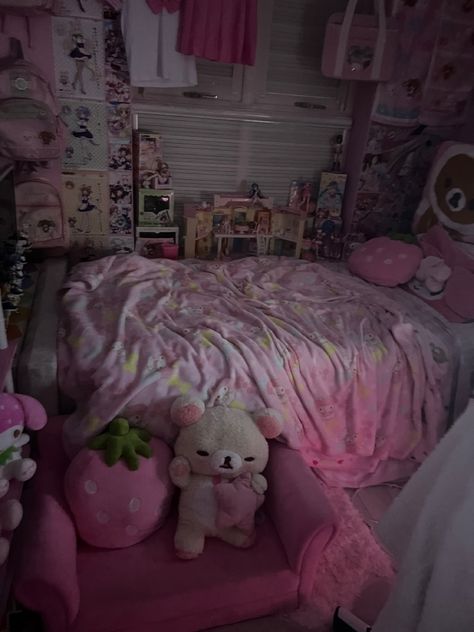 Kekecore Aesthetic, Pink Hyper Feminine Room, Cozy Kawaii Bedroom, Room Ideas Cutecore, Cute Core Room, Little Spaces Aesthetic, Cutecore Room, Sanrio Room, Kawaii Room Ideas