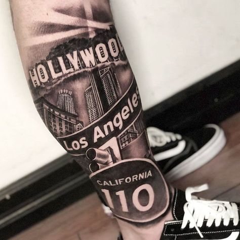 May 3, 2022 - This Pin was discovered by madison moore. Discover (and save!) your own Pins on Pinterest Small Black And Grey Tattoos, Los Angeles Tattoo Ideas, Holy Tattoos, Hollywood Tattoo, Skyline Tattoo, Black And Grey Tattoos Sleeve, Los Angeles Tattoo, California Tattoo, La Tattoo