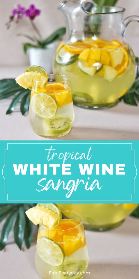 Tropical White Sangria recipe - Fab Everyday Coconut Rum Sangria, Mango Sangria Recipes White, Dry White Wine Sangria, White Sangria Recipe Easy, Sangarita Recipe, Sangria Recipes With Rum, Tropical Sangria Recipe, Easy White Sangria Recipe, Lemon Sangria