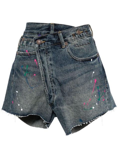 R13 asymmetric painted denim shorts Painted Denim Shorts, Painted Denim, Denim Shorts, Closet