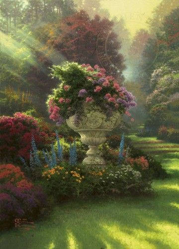 Kincaid Paintings, Baroque Garden, Thomas Kinkade Art, Thomas Kinkade Paintings, Thomas Kincaid, Kinkade Paintings, Garden Of Lights, Art Thomas, Mary And Jesus