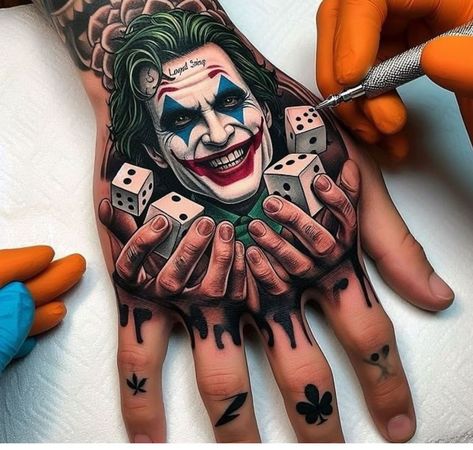 Black And White Realism Tattoo Sleeve, Strong Tattoos Men, The Joker Tattoo Ideas, The Joker Tattoo, Joker Hand Tattoo, Tato Joker, Joker Tattoos, Tato 3d, Unique Hand Tattoos