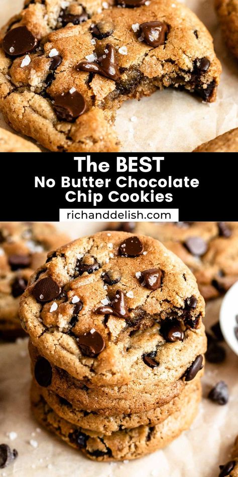 These no butter chocolate chip cookies are the easiest choc chip cookies ever! They are made with oil instead of butter and are so delicious, crispy on the edges, and perfectly chewy in the middle. Healthy Chewy Chocolate Chip Cookies, Chocolate Chip Cookies Oil No Butter, Cookies Oil No Butter, One Stick Of Butter Cookies, Chocolate Chip Cookie No Butter, No Butter Chocolate Cookies, Desserts Without Butter Or Oil, Chocolate Chip Cookies With Oil Instead Of Butter, Chocolate Chip Cookies With No Butter