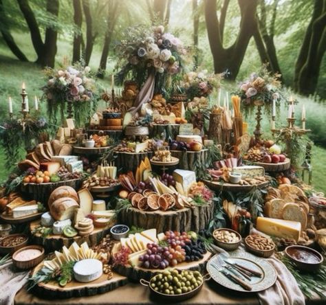 Enchanted Forest Buffet Table, Enchanted Forest Wedding Food, Fantasy Wedding Food, Cottagecore Wedding Food, Forest Charcuterie Board, Fairytale Fall Wedding, Viking Wedding Food, Enchanted Forest Charcuterie Board, Forest Dinner Party