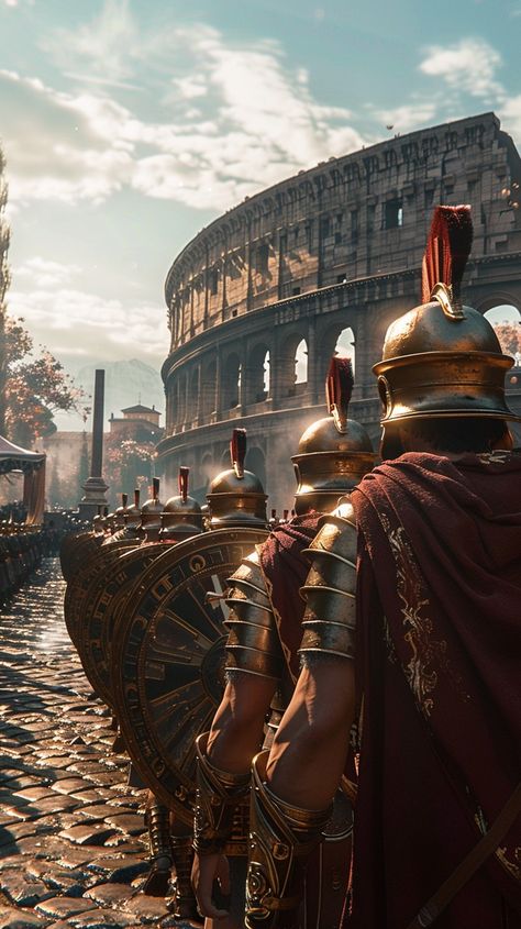 Roman Soldiers Marching: Roman soldiers in traditional armor march toward the Colosseum under a clear blue sky. #roman #soldiers #colosseum #armor #march #aiart #aiphoto #stockcake ⬇️ Download and 📝 Prompt 👉 https://stockcake.com/i/roman-soldiers-marching_640832_808494 Roman Empire Wallpaper, Gladiator Colosseum, European Tribes, Ancient Carthage, Empire Wallpaper, Roman Colosseum, Rome Art, Medieval Artwork, Roman Soldier