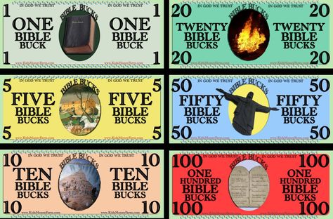 Bible Bucks Play Money Template - KidsMoneyFarm.com Bible Bucks, Play Money Template, Printable Play Money, Walk Ideas, Kids Church Activities, About Bible, Children Ministry, Bible Worksheets, Money Template