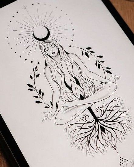 Woman Transformation Tattoo, Self Love Goddess Tattoo, Female Spiritual Tattoos, Pregnant Goddess Tattoo, Woman Energy Tattoo, Spiritual Goddess Tattoo, Phoenix Goddess Tattoo, Goddess Of Fertility Tattoo, Mother Nature Tattoos Goddesses Divine Feminine