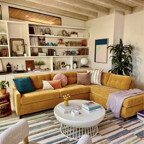 Joybird Furniture Living Rooms, Desert Living Room, House Beautiful Living Rooms, Yellow Couch, Modern Style Living Room, Couch Styling, Hotel Room Design, Sleeper Sofas, Yellow Living Room