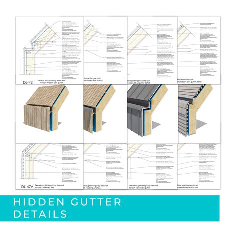 https://detail-library.co.uk/product/hidden-gutter-detail-pack/ Zinc Cladding Detail, Zinc Roof Detail, Hidden Gutter Detail, Roof Detail Architecture, Box Gutter, Construction Details Architecture, Roof Cladding, Zinc Roof, Detail Arsitektur