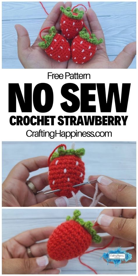 Free crochet pattern for my easy and adorable No Sew Crochet Strawberry. Free crochet pattern & written tutorial from Crafting Happiness. Yarn Projects Crochet, No Sew Crochet, Crochet Pattern Written, Crochet Dog Patterns, Crochet Classes, Crochet Strawberry, Crochet Fruit, 4mm Crochet Hook, Crochet Keychain Pattern