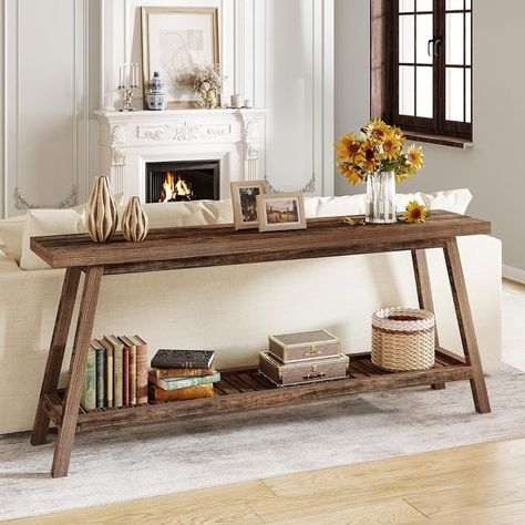 2-Tier Narrow Wood Foyer Sofa Couch Table for Hallway - On Sale - Bed Bath & Beyond - 38154626 Console Table Behind Couch, Foyer Sofa, Sofa Table Styling, Decor Behind Couch, Table For Hallway, Extra Long Console Table, Sofa Table Decor, Sofa Table With Storage, Table Behind Couch