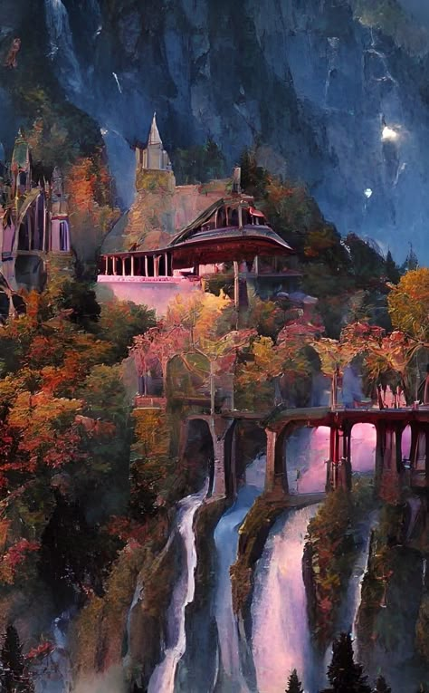 Rivendell night Rivendell Home Decor, Rivendell Painting, Rivendell Wallpaper, Rivendell Art, Rivendell Aesthetic, Imaginary Drawing, Lord Of The Rings Rivendell, Book Paintings, January Wallpaper