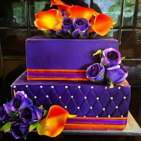 Royal purple and orange wedding cake with quilting and artificial flowers. Orange And Purple Wedding Cake, Purple And Orange Wedding, Orange Birthday Parties, Orange Wedding Cake, Surprise 60th, Orange Sheets, Purple Wedding Cake, Orange Birthday, Purple Wedding Theme