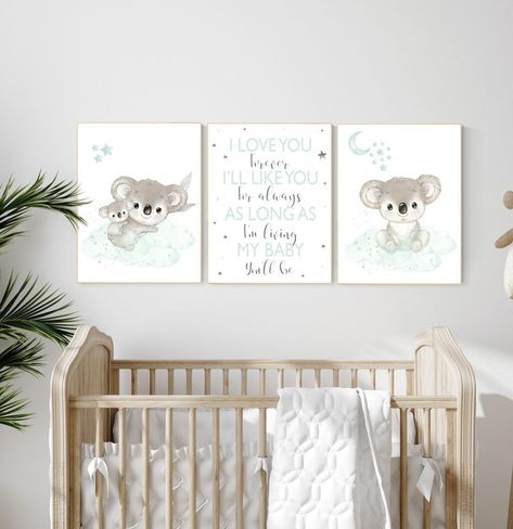 Koala nursery, mint nursery, moon and stars, mint green nursery art, nursery prints animals, gender neutral nursery, koala mother and baby Nursery Moon And Stars, Mint Green Nursery, Pink Nursery Art, Koala Nursery, Navy Nursery, Mint Nursery, Baby Room Wall Decor, Nursery Frames