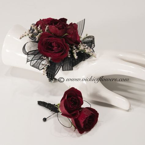 Prom Corsage Red, Burgundy Champagne Wedding, Prom 2k22, Red Corsages, Brighton Colorado, Black Corsage, Prom Flowers Corsage, Homecoming Flowers, Prom Planning