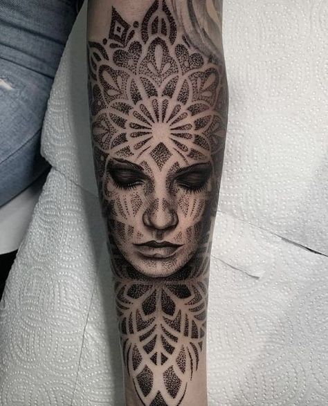 Dotwork Portrait Tattoo, Conscious Tattoo, Black Work Back Tattoo, Black Work Tattoo Flash, Dot Work Tattoo Design, Geometric Tattoo Hand, Mandala Arm Tattoos, Mandala Tattoo Men, Mandala Tattoo Sleeve