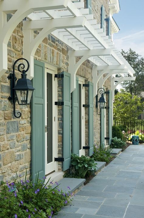 Curb Appeal Wish List - The Inspired Room French Country Exterior, Small Pergola, Arbor Ideas, Oval Glass Front Door, European Doors, Roofing Ideas, Glass Railings, Front Door Decorations, Pintura Exterior