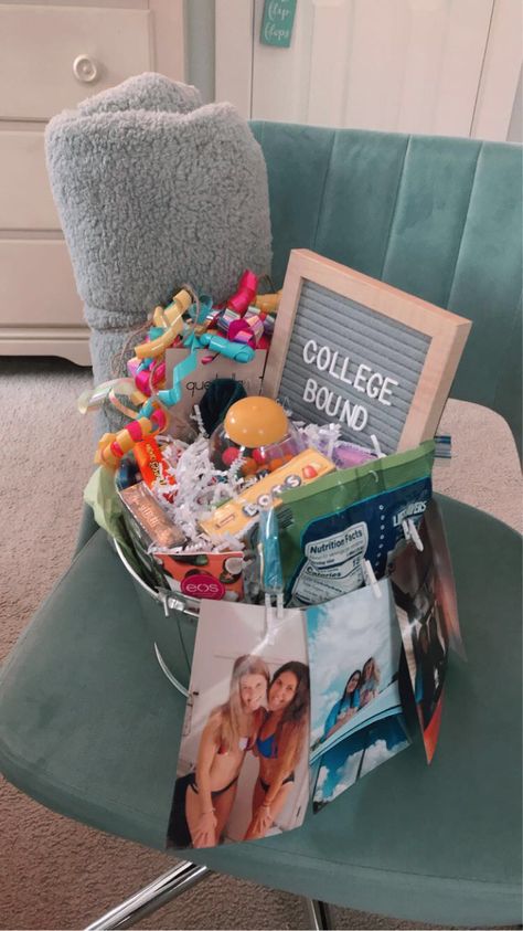 my friend and I put together this adorable gift basket for our friend who is going away for college for her grad party. so simple, cute and easy! just got some essentials, fav candy and dorm decor! Gift Basket Ideas Senior Night, College Survival Basket, Graduation Presents For Best Friends, Collage Gift Basket, Cute Graduation Gifts For Best Friend, Best Friend Going To College Gift, Moving Out Gift Basket, College Dorm Basket Gift Ideas, Adopt A Senior Gift Ideas