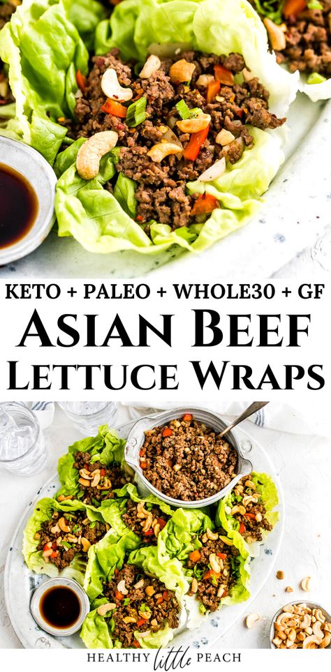 Asian Beef Lettuce Wraps that are full of flavor and is sure to satisfy anyone at the table. This recipe is Whole30, Keto, and Paleo compliant. #whole30recipes #ketorecipes #asianlettucewraps #beeflettucewraps #asianrecipes #healthyrecipes #asian Whole30 Beef, Salat Wraps, Lettuce Wraps Healthy, Asian Lettuce Wraps, Beef Lettuce Wraps, Asian Beef, Whole30 Keto, Lettuce Wrap Recipes, Asian Inspired Recipes