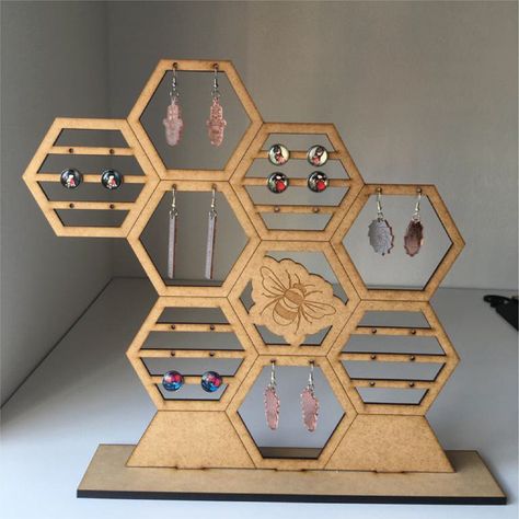 Laser Cut Jewelry Holder, Laser Cut Earrings Template, Lasercut Jewellery, Laser Cut Projects, Lasercut Ideas, Laser Earrings, Bee Jewellery, Wood Laser Ideas, Jewellery Stand