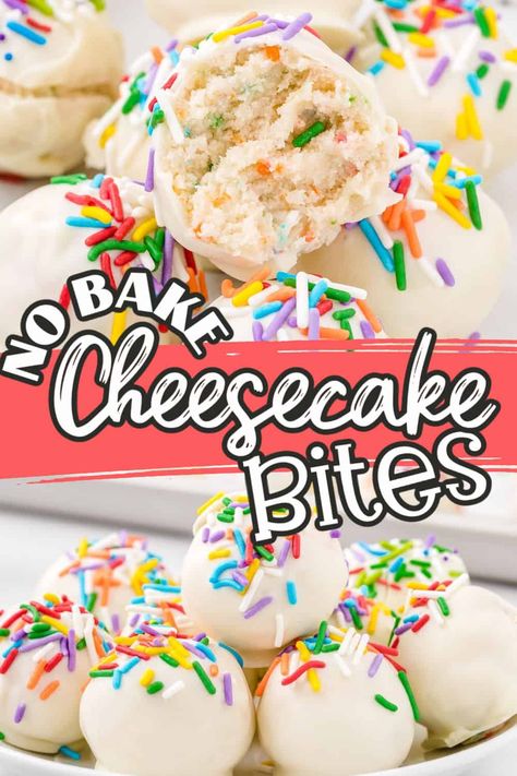 These No-Bake Cheesecake Bites are a tasty bite-sized combo of Funfetti cake mix and cream cheese that’s coated in white chocolate and topped with colorful sprinkles. A super-easy way to make cheesecake into a mini dessert treat! No Bake Cheesecake Bites, Chocolate Cheesecake Bites, No Bake Cake Pops, Cheesecake Balls, Cake Ball Recipes, Cream Cheese Ball, Cheesecake Bites Recipe, Baking List, Cake Mix Desserts