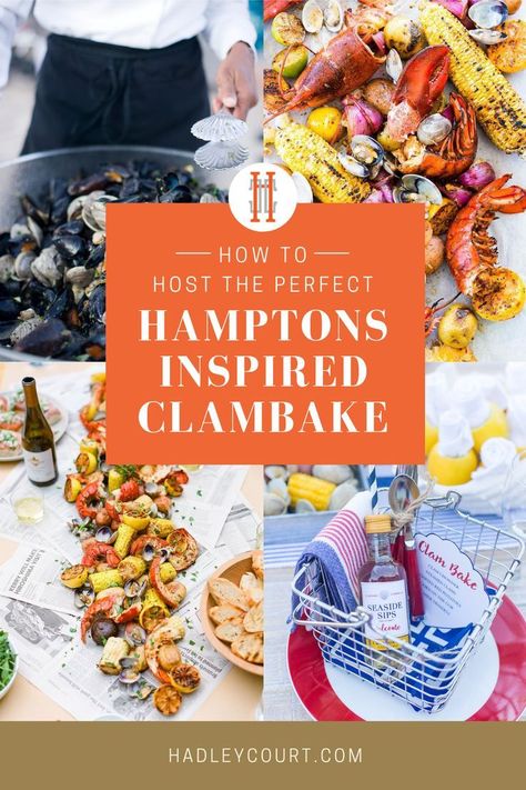 Hampton Party, Clambake Party, Lobster Bake Party, How To Cook Clams, Bbq Party Menu, Clam Bake Party, Crab Bake, Hamptons Party, Boil Seafood