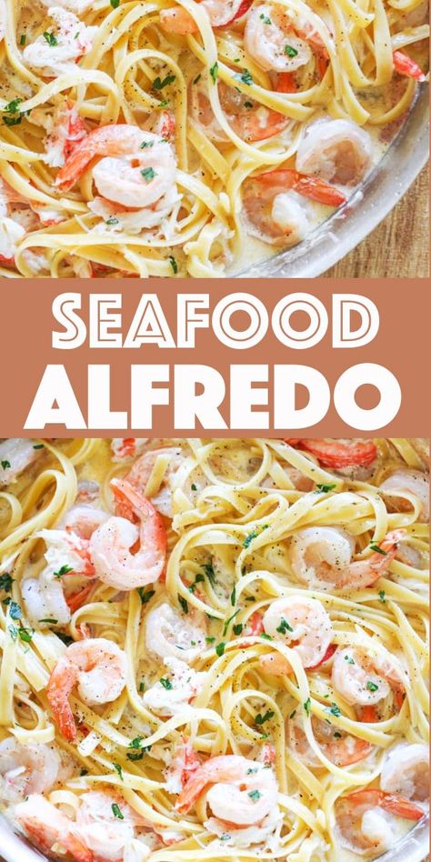 This Seafood Alfredo is going to be your new favorite meal. Succulent sautéed shrimp and sweet lump crab meat in a homemade alfredo sauce. This meal is so easy to make and absolutely delicious! Sauteed Crab Meat, Shrimp And Crab Meat Recipes, Shrimp And Crab Alfredo, Seafood Alfredo Pasta, Shrimp And Crab Recipes, Lump Crab Meat Recipes, Fetuchini Alfredo, One Pot Shrimp, Crab Alfredo