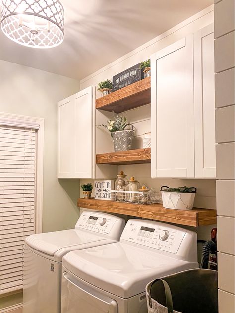 Laundry Room Shelves Between Cabinets, Laundry Room Cabinets With Shelves, Open Shelving In Laundry Room Farmhouse, White Wall Laundry Room, Laundry Room Cabinet With Shelves, Over Laundry Shelving, Laundry Room Design With Shiplap, Combine Bathroom And Laundry Room, White Floating Shelves Laundry Room