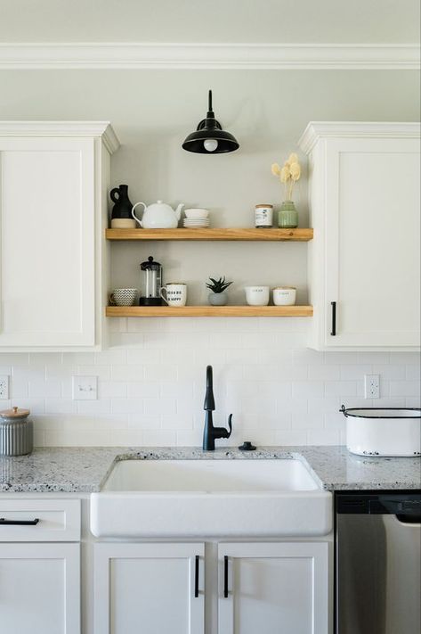 Transform Your Space with Chic Kitchen Shelves – Styling & Decor Tips Wooden Shelves Above Kitchen Sink, Floating Shelves Over Kitchen Sink No Window, Kitchen Sink Shelf Over The, Above Sink Shelves Kitchen, Shelves In Kitchen Above Sink, Floating Shelves Kitchen Over Sink, Sink With Shelves Above, Kitchen Shelving Ideas Above Sink, Sink Wall Kitchen