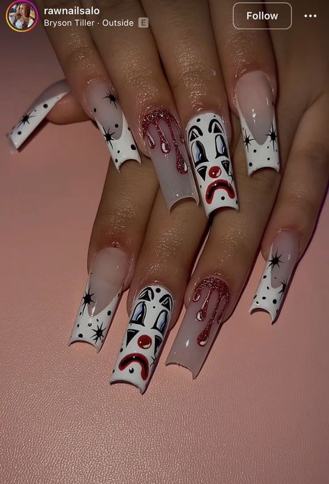 Fall Acrylic French Tips, Clown Nails Acrylic, Clown Acrylic Nails, Chicano Nails Designs, Smile Now Cry Later Nails, Clown Nails Designs, Chicana Nails Acrylic, Chola Nails Designs, Cholo Nails