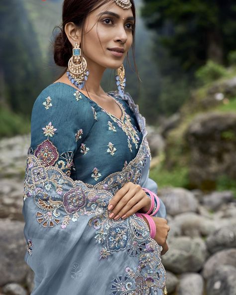 Saree Dress Indian, Blue Organza Saree, Wedding Outfits Indian, Indo Western Lehenga, Powder Blue Wedding, Western Lehenga, Embroidery Work Saree, Saree Traditional, Saree And Blouse