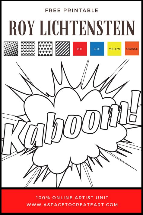 Roy Lichtenstein is one of the most famous artist's of the Pop Art movement in America. His work is graphic, bold and has meaning beyond what you may originally realize. This is a free printable PDF from my Lichtenstein Art History Workbook. This worksheet will help students to learn about the way the artist created his art. Roy Lichtenstein Art Projects For Kids, Pop Art Projects For Kids, Pop Art Worksheet, Pop Art Font, Famous Art Coloring, Roy Lichtenstein Art, Art Worksheets Printables, Famous Pop Art, Roy Lichtenstein Pop Art