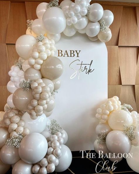 Gender Reveal Balloon Display, White And Neutral Balloon Garland, Gender Reveal Backdrop Neutral, Simple Gender Reveal Ideas Decorations Neutral, White And Beige Gender Reveal, Neutral Gender Reveal Balloon Garland, White Theme Gender Reveal Party, White Gender Reveal Decor, Gender Reveal Decor Neutral