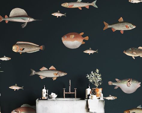 Dark Fish Wallpaper for Feature Wall Whimsical Design - Etsy Ecuador Light Walls, Charcoal Walls, Nautical Wallpaper, Stylish Nursery, Leaves Art, Fish Illustration, Fish Wallpaper, Dark Walls, Ocean Wallpaper