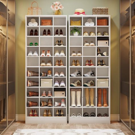 This tall shoe cabinet with 30 cubbies is sufficient to store flats, sneakers, and high heels, you can also remove some shelves to store tall boots. Suitable for men's and women's sizes! （Please note that if your shoes are bigger, we recommend one cubby to place one shoe that will be better.） White Wooden Shoe Rack, Tall Shoe Cabinet, Shoe Rack Door, Wooden Shoe Rack, Wooden Shoe Storage, Closet Storage Systems, Shoe Organizer Entryway, Wood Shoe Rack, Wooden Shoe Racks