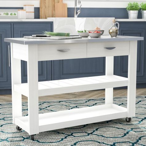 This Maglione Kitchen Cart Stainless Steel is constructed from manufactured wood laminated durable melamine which is stain, heat, and scratch-resistant. This unit offers an ample stainless steel top workspace making it perfect for food preparation. It features 2 utility drawers and 2 shelves for extra storage. Stainless Steel Kitchen Cart, White Kitchen Cart, Kitchen Carts, Unique Kitchen Design, Rolling Kitchen Cart, Modern Kitchen Island, Yellow Kitchen, Metal Kitchen, Unique Kitchen