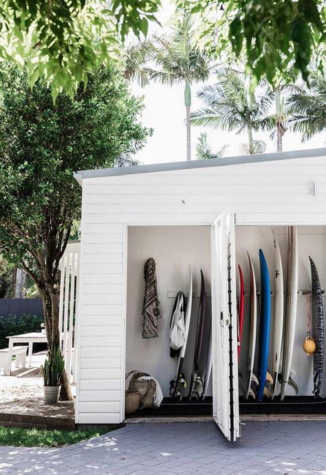 Keen to extend your home’s footprint but in a non-obtrusive way? A multi-purpose garden shed could be the answer. Garden Shed Design, Outdoor Storage Ideas, Surfboard Storage, Garden Winter, Outdoor Storage Solutions, Outdoor Living Rooms, Surf House, Surf Shack, Shed Design