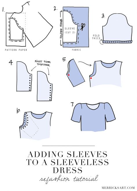 DIY FRIDAY: ADDING SLEEVES TO A SLEEVELESS DRESS (REFASHION TUTORIAL) - Merrick's Art Syprosjekter For Nybegynnere, Pola Blus, Pola Lengan, Diy Sy, Sewing Sleeves, Sewing Alterations, Add Sleeves, Sew Ins, Techniques Couture