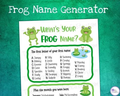 What’s your frog name? Find out with this fun frog name generator! This frog name game features funny, kid friendly names and is perfect to use in the classroom or your home! This fun frog activity makes a great addition to a frog themed birthday party, a frog study unit or use it as an ice breaker game. Instantly download this frog game printable and use immediately! Frog Name Ideas, Frog Themed Birthday Party, Frog Activity, Frog Unit Study, Frog Classroom, Purple Jellyfish, Frog Activities, Frog Games, Activity Games For Kids