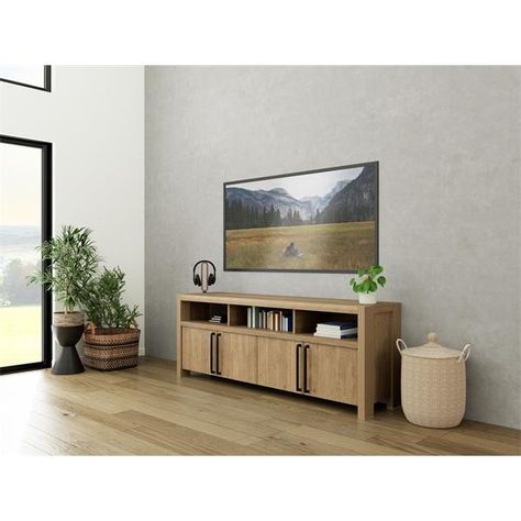 Davie Media Console | Riverside Furniture Bookshelves With Tv, Pale Oak, Console Tv, Minimalistic Aesthetic, Entertainment Console, Riverside Furniture, Living Room Tv Stand, Tv Stands And Entertainment Centers, Entertainment Centers