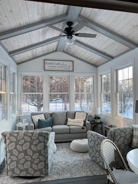 Sunroom Off Of Kitchen, Sunroom Back Porch, 3 Season Room Furniture Ideas, Sunroom Screen Porch Combo, Converting Porch To Sunroom, Diy Four Seasons Room, Florida Room Addition, 3season Rooms Sunrooms, Long Narrow Sunroom Ideas