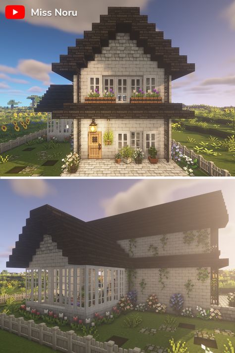 Cute White Brick Minecraft House Build Minecraft Houses With Brick, Sunroom Minecraft, Aesthetic Houses Minecraft, Minecraft Mizunos House, Mizuno Craft House, Minecraft Houses Mizuno, Black And White Minecraft House, Mizuno Minecraft Houses, Mizuno Minecraft Builds