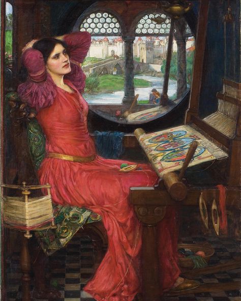 I am Half-Sick of Shadows, said the Lady of Shalott by John William Waterhouse, 1916. #johnwilliamwaterhouse #paintings #art #ladyofshalott #halfsickofshadows I Am Half Sick Of Shadows, Lady Shalott, Sappho Art, Raphaelite Paintings, Space Moodboard, Raphaelite Art, Waterhouse Paintings, Pre Raphaelites, Awesome Paintings