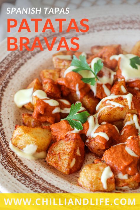 Spanish Potatoes Bravas, Potato Bravas Spanish Tapas, Patatas Bravas Recipe Spanish Tapas, Potato Bravas Recipes, Tapas Potatoes, Tapas Party Ideas, Papas Bravas Recipe, Bravas Potatoes, Potato Tapas