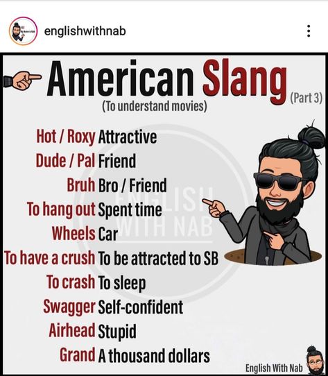 Slang English Words, English With Nab, English Slang Words, American Slang Words, British Slang Words, Slang English, American Slang, Tatabahasa Inggeris, Words English